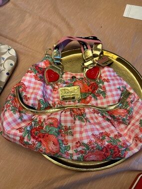 Betsey Johnson Betseyville Vintage Pink Floral Gingham Heart Rose Tote New